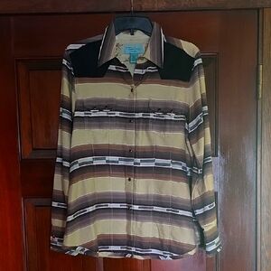 Tasha a Polizzi Striped Button-Up Shirt in Brown and Tan